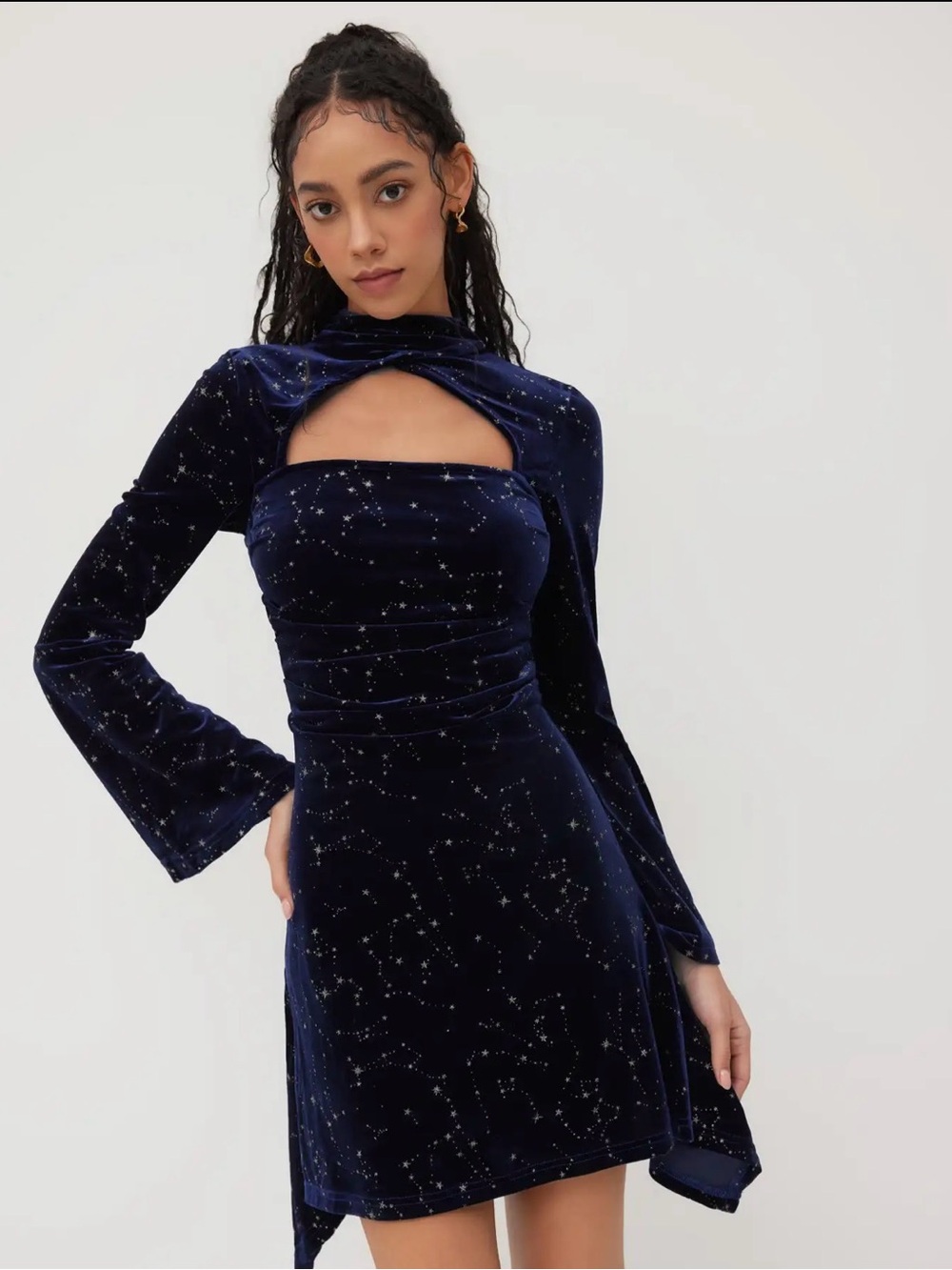Cider Navy Star-Print Cutout Velvet Mini Dress